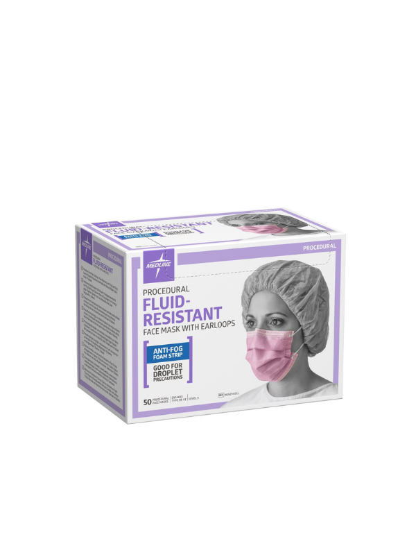 Medline procedure face mask, purple (fluid-resistant, anti-fog, 50 pcs)