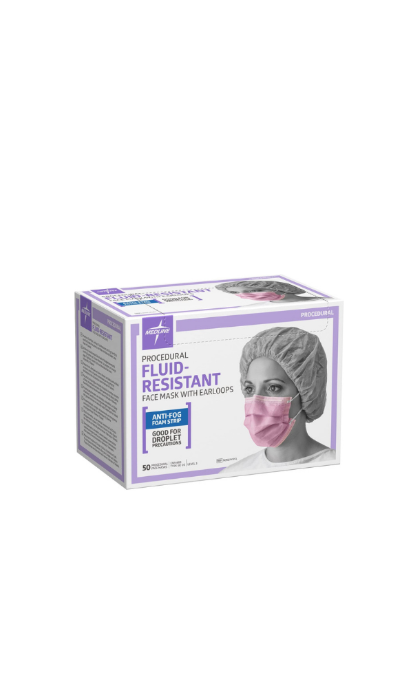 Medline procedure face mask, purple (fluid-resistant, anti-fog, 50 pcs)