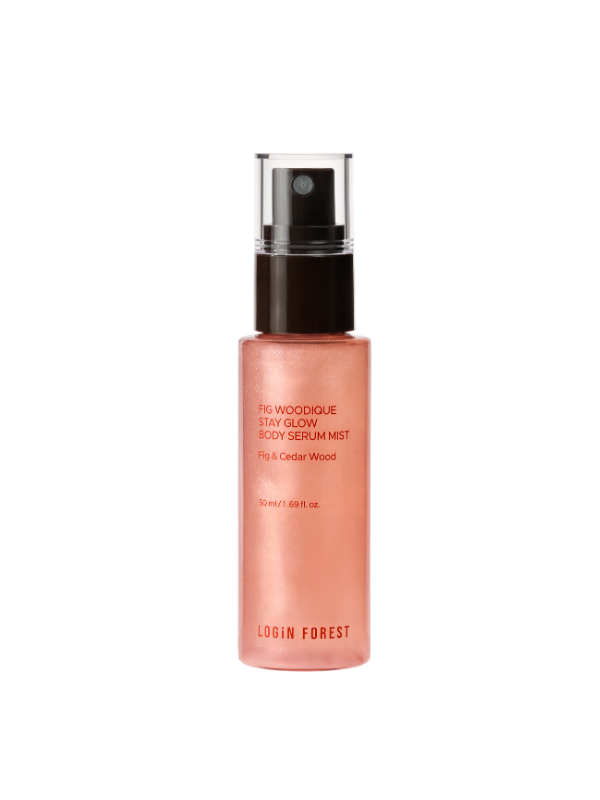 Login Forest Fig Woodique Stay Glow Body Serum Mist Mini – säraandev kehasprei, 50 ml